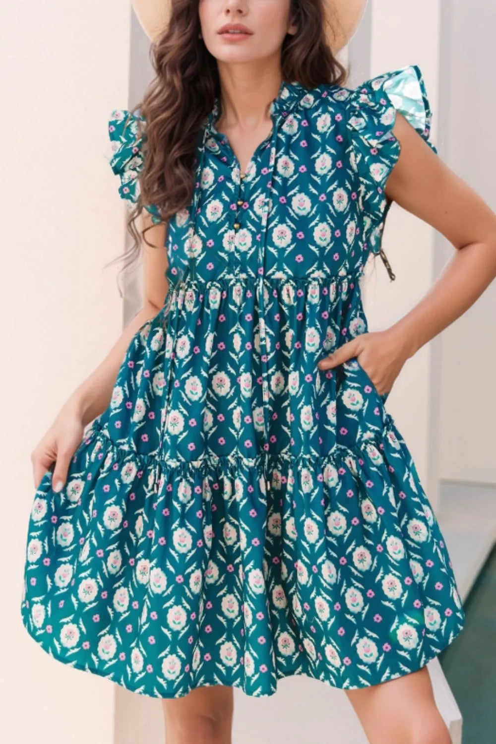 Floral Printed Tie Neck Ruffled Cap Sleeve Dress - Opaque 100% Polyester, Elegant Style