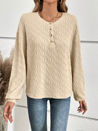 Ivy Lane Half Button Long Sleeve Top - Opaque, Slightly Stretchy, 95% Polyester, 5% Spandex - Store 42