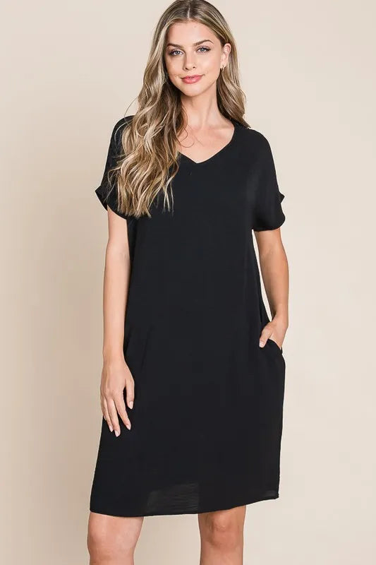 BOMBOM V-Neck Short Sleeve Dress with Pockets Black