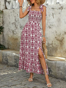 Smocked Slit Printed Tie Shoulder Dress