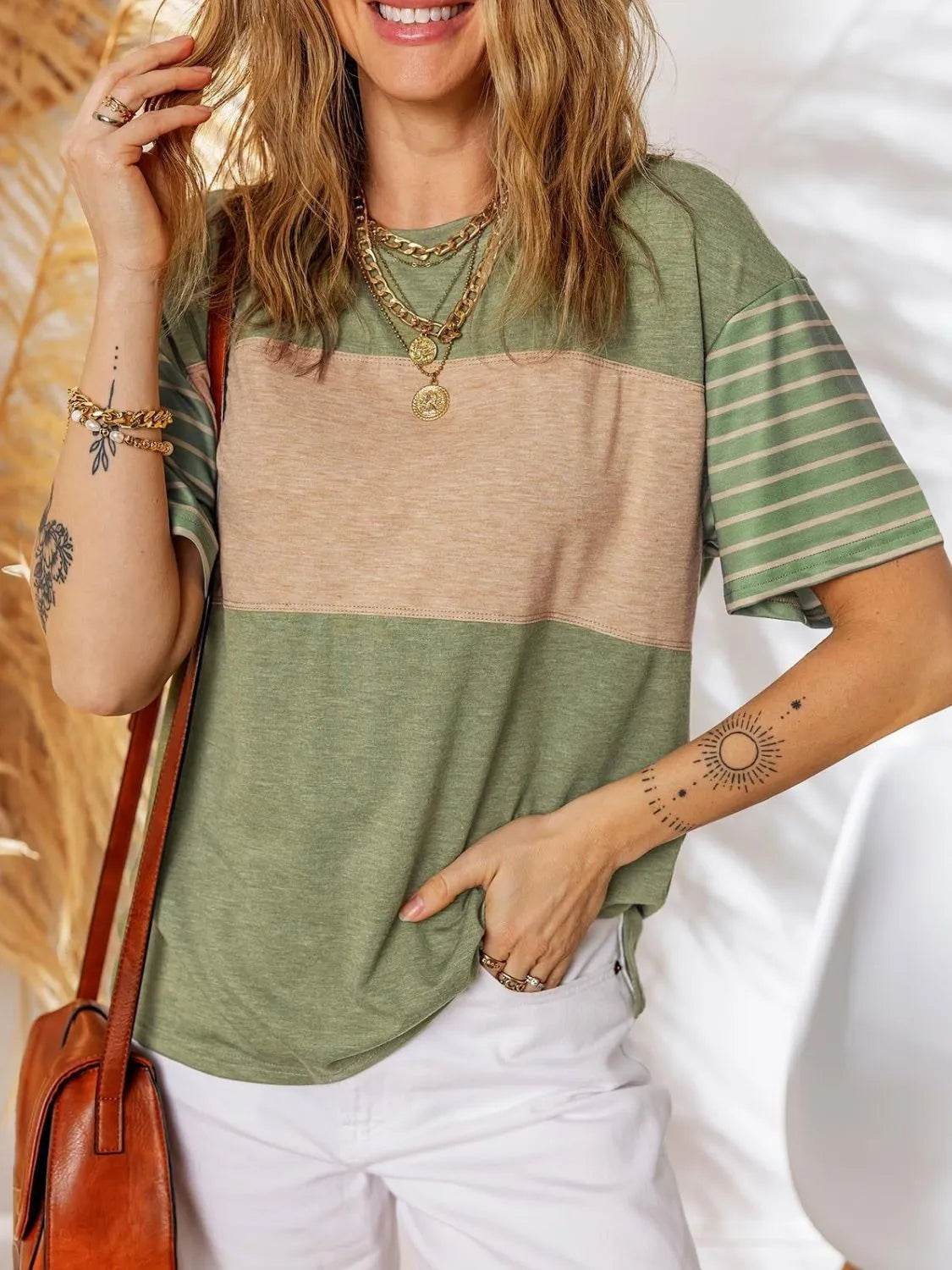 Stylish Color Block Striped Sleeve Casual T-Shirt for Everyday Comfort and Versatility