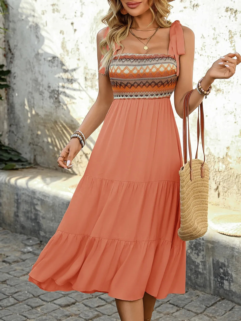 Tie Shoulder Square Neck Tiered Midi Dress