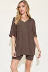 Basic Bae Full Size V-Neck Drop Shoulder T-Shirt and Shorts Set Chocolate