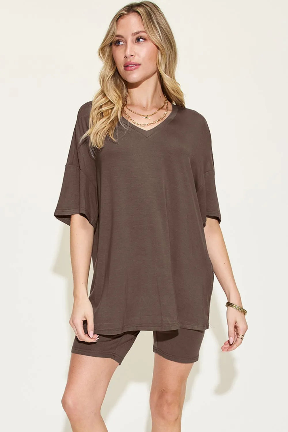 Basic Bae Full Size V-Neck Drop Shoulder T-Shirt and Shorts Set Chocolate