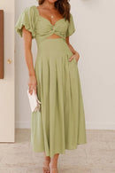 Sweetheart Neck Puff Sleeve Dress Yellow-Green
