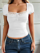 Lace Detail Short Sleeve T-Shirt with Buttoned Closure - Stretchy Polyester Blend Top - Store 42