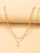 Double Layered Inlaid Zircon Cross Pendant Necklace - Store 42
