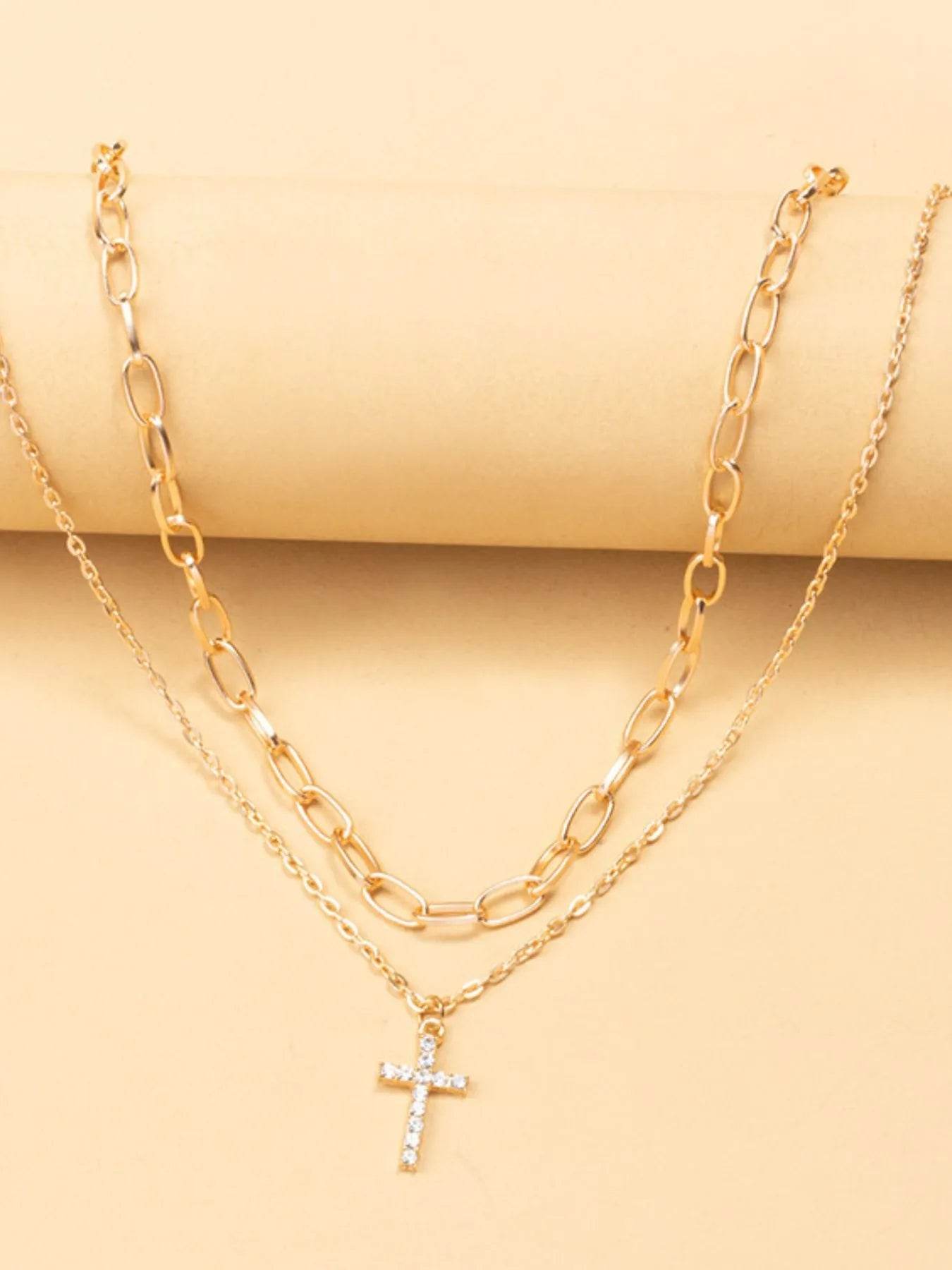 Double Layered Inlaid Zircon Cross Pendant Necklace - Store 42