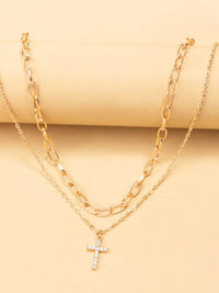 Double Layered Inlaid Zircon Cross Pendant Necklace - Store 42