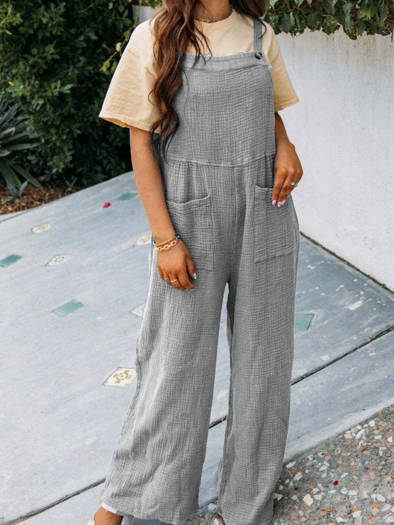 Full Size Casual Wide Leg Textured Overalls Plus Size