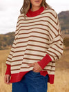 Striped Round Neck Long Sleeve Sweater Red