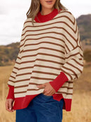 Striped Round Neck Long Sleeve Sweater Red
