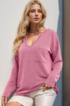 Double Take Striped Notched Long Sleeve T-Shirt Pink