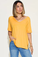 Basic Bae Full Size Bamboo Slit V-Neck Short Sleeve T-Shirt Gold