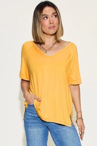 Basic Bae Full Size Bamboo Slit V-Neck Short Sleeve T-Shirt Gold
