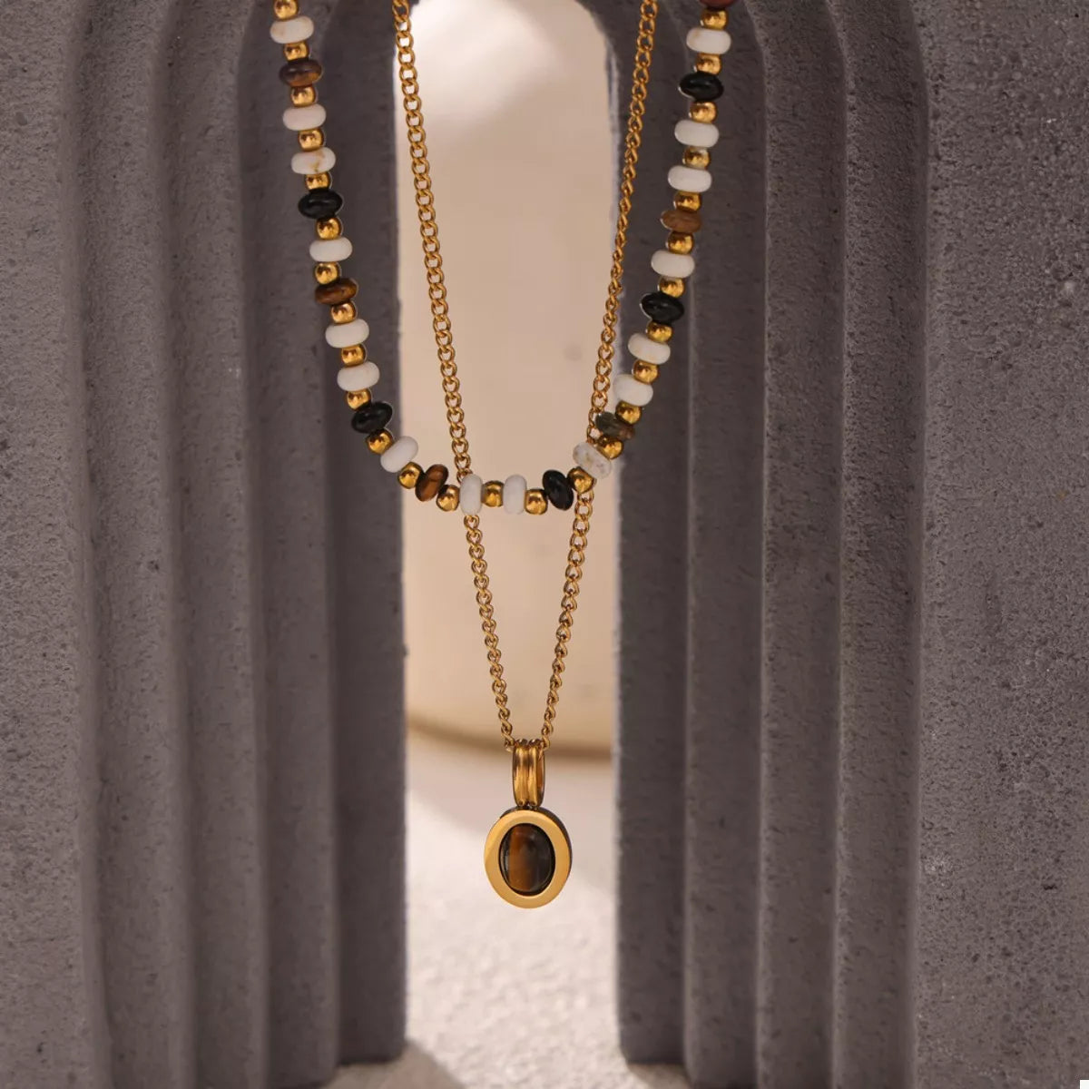 2 Piece Natural Stone and Gold Chain Necklace with Pendant
