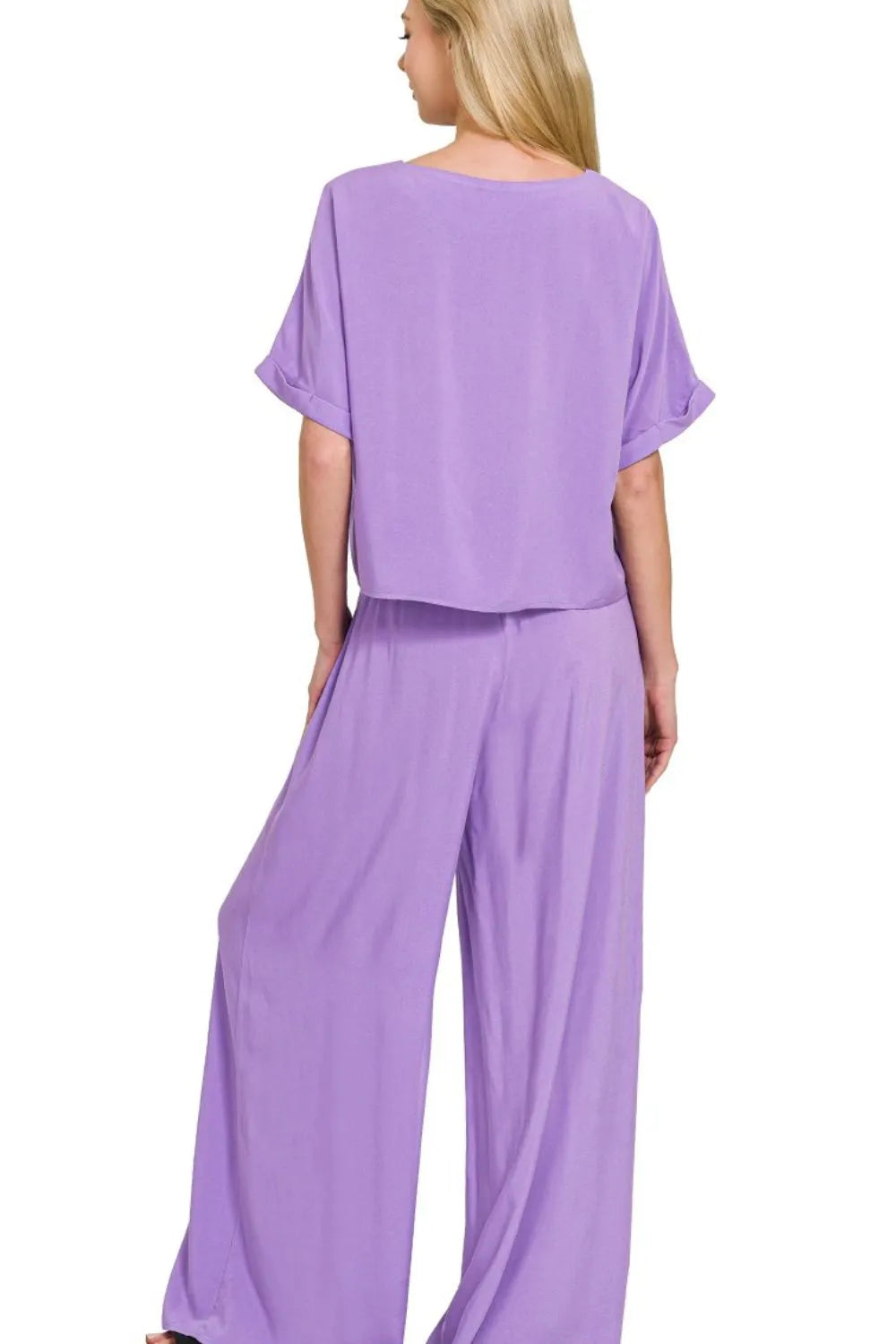 Lavender Purple Relaxed-Fit T-Shirt And Wide Leg Pants Set For Women