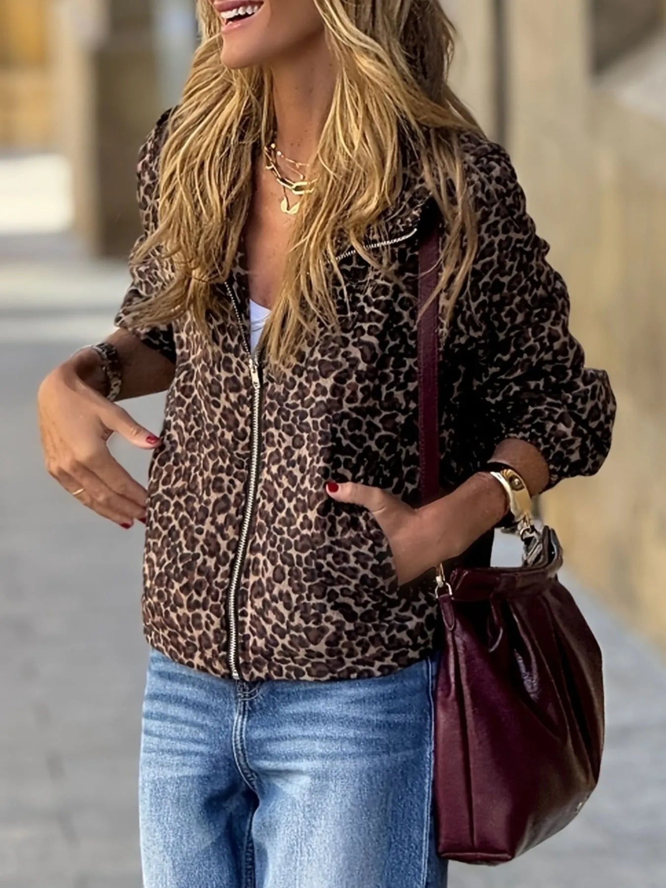 Trendy Leopard Print Zip-Up Hoodie with Pockets - Soft Polyester Blend for Casual Wear
