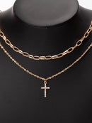Double Layered Inlaid Zircon Cross Pendant Necklace - Store 42