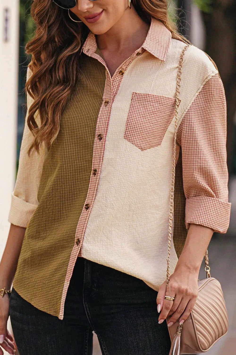 Stylish Contrast Plaid Button Down Shirt for Women - Long Sleeve, Pocketed, Slightly Stretchy