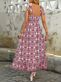 Smocked Slit Printed Tie Shoulder Dress