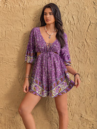 Tied Front Cutout Printed Romper