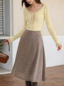 Lace Trim Ribbed Long Sleeve T-Shirt with Button Detail - Slightly Stretchy, Soft Fabric Flare - Store 42