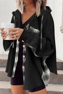 Waffle Knit Plaid Patchwork Drawstring Hooded Shacket Black