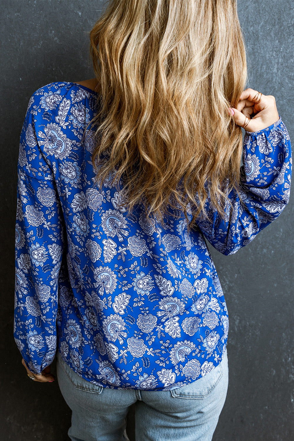 Casual Floral Notched Neck Blouse with Balloon Sleeves - Opaque 100% Polyester
