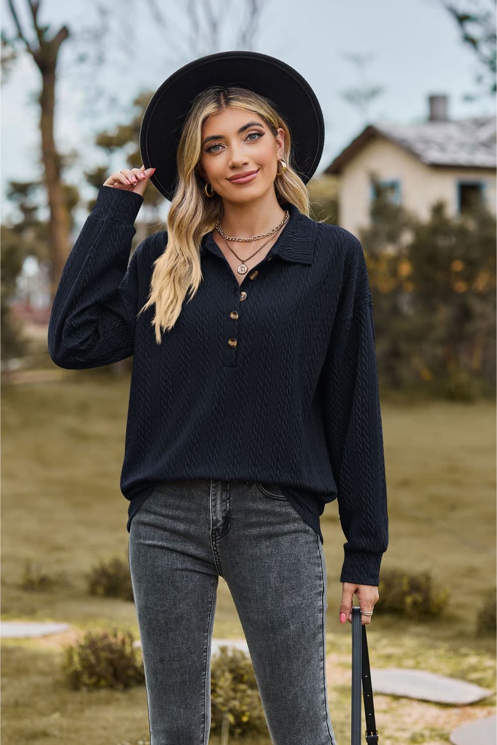 Casual Collared Neck Long Sleeve Blouse - Solid Color, Opaque, Slightly Stretchy Fabric