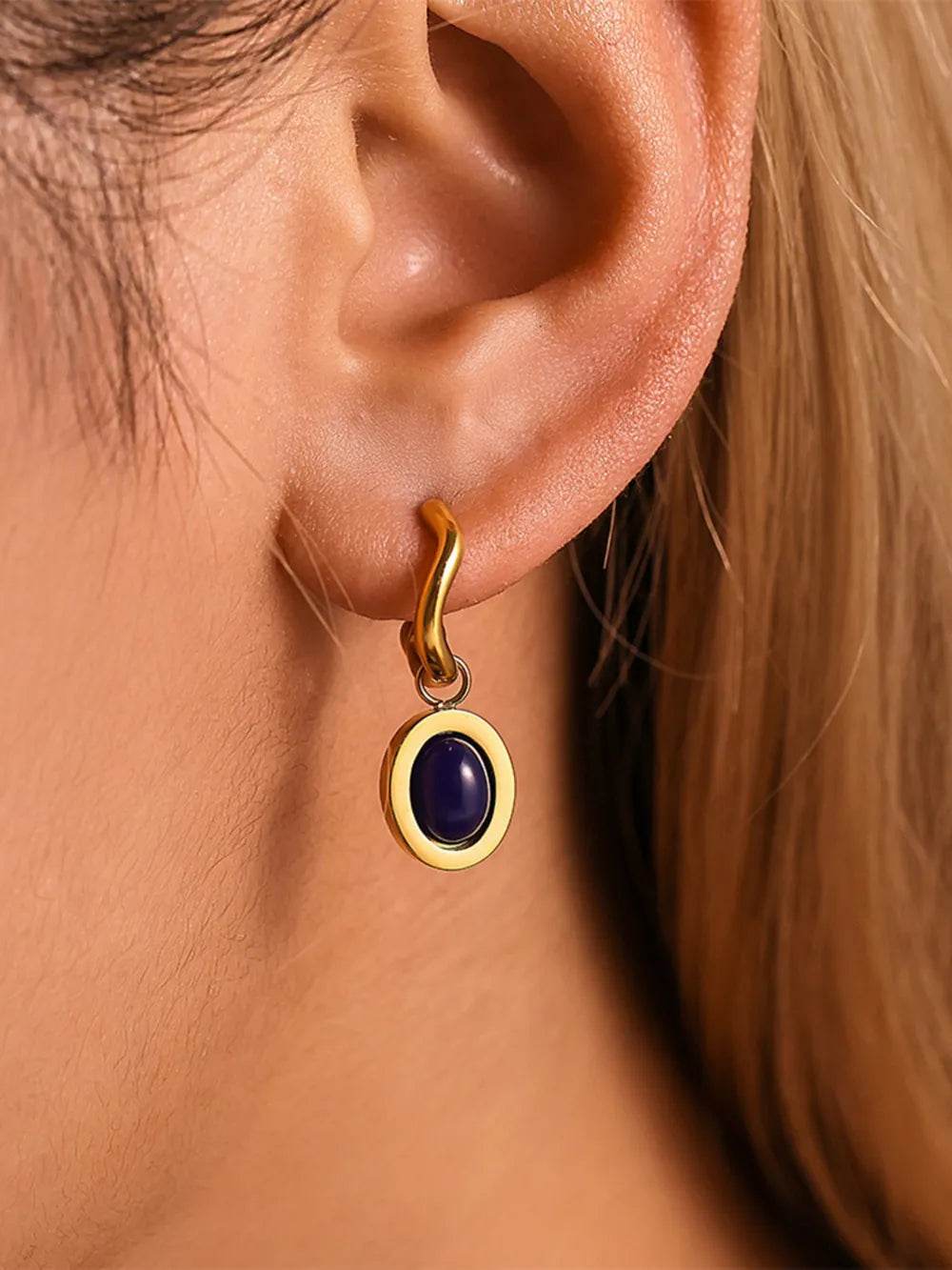 Elegant 18K Gold-Plated Stainless Steel Oval Drop Earrings with Agate and Kyanite Accents