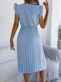 Lace Detail Ruffled Cap Sleeve Pleated Dress