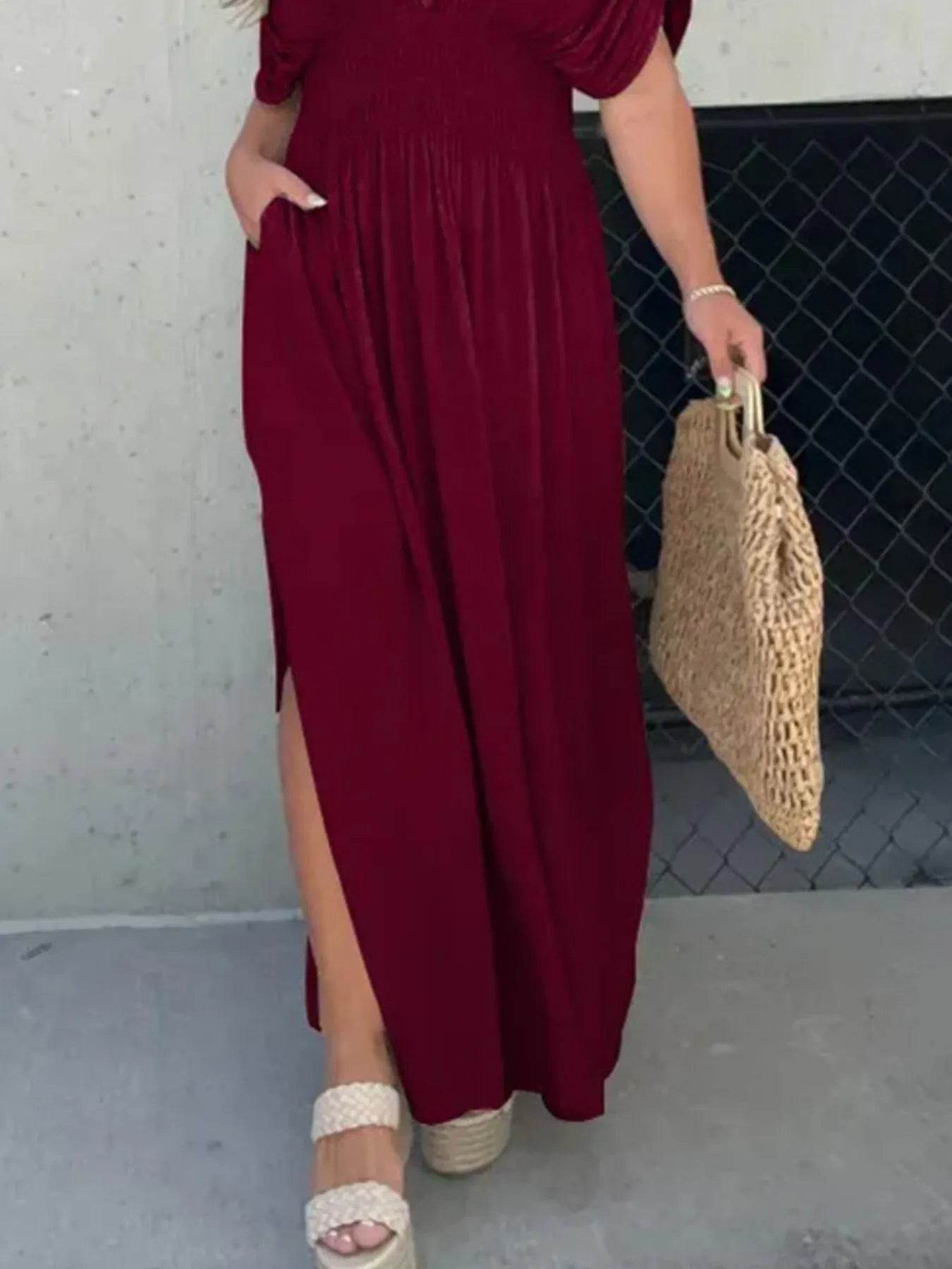 Full Size Deep V-Neck Maxi Dress with Side Slit Plus Size - Store 42