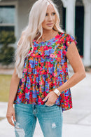 Floral Babydoll Blouse with Round Neck and Butterfly Sleeves - Casual Chic Style - Store 42