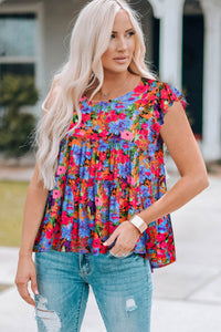 Floral Babydoll Blouse with Round Neck and Butterfly Sleeves - Casual Chic Style - Store 42