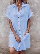 Textured Button-Front Shirt Dress Sky Blue