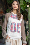 POL Plaid Number 06 Raglan Sleeve T-Shirt Mocha