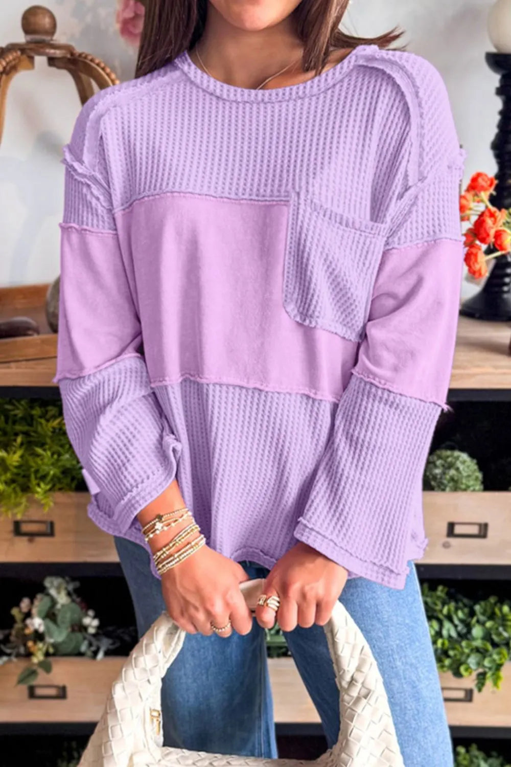 Trendsi Waffle Knit Long Sleeve T-Shirt with Pocket - Slightly Stretchy 100% Polyester Top