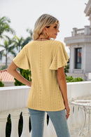 Trendsi Eyelet Flutter Sleeve Semi-Sheer Round Neck Casual Top - 100% Polyester - Store 42