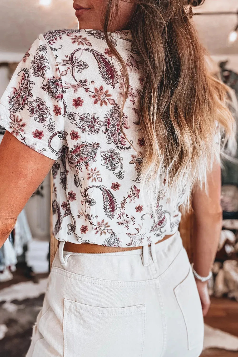 Trendy Paisley Mock Neck T-Shirt for Women - Slightly Stretchy & Opaque Fabric