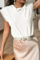 Lace Patchwork Cap Sleeve T-Shirt with Round Neck - Soft Polyester Cotton Blend - Store 42