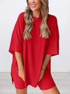 Full Size Oversized Round Neck Top and Shorts Set Plus Size Red