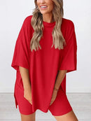 Full Size Oversized Round Neck Top and Shorts Set Plus Size Red