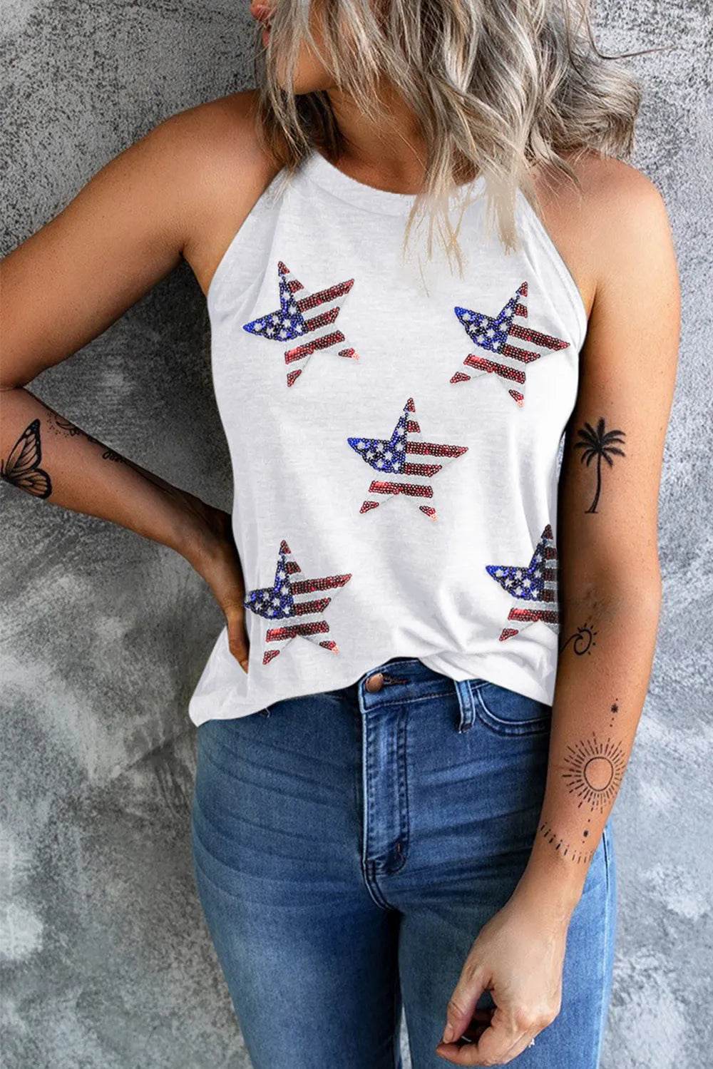 Grecian Neck Tank Top with Sequin US Flag Star Design - Opaque Fabric, No Stretch, 95% Polyester