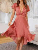 High-Low Plunge Flutter Sleeve Dress Coral