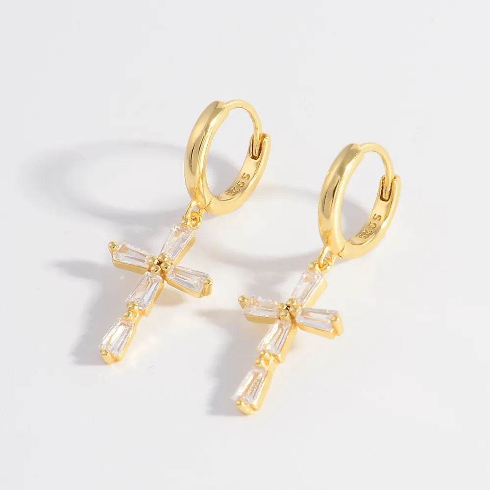 Elegant 925 Sterling Silver Zircon Cross Earrings - Platinum & 18K Gold-Plated