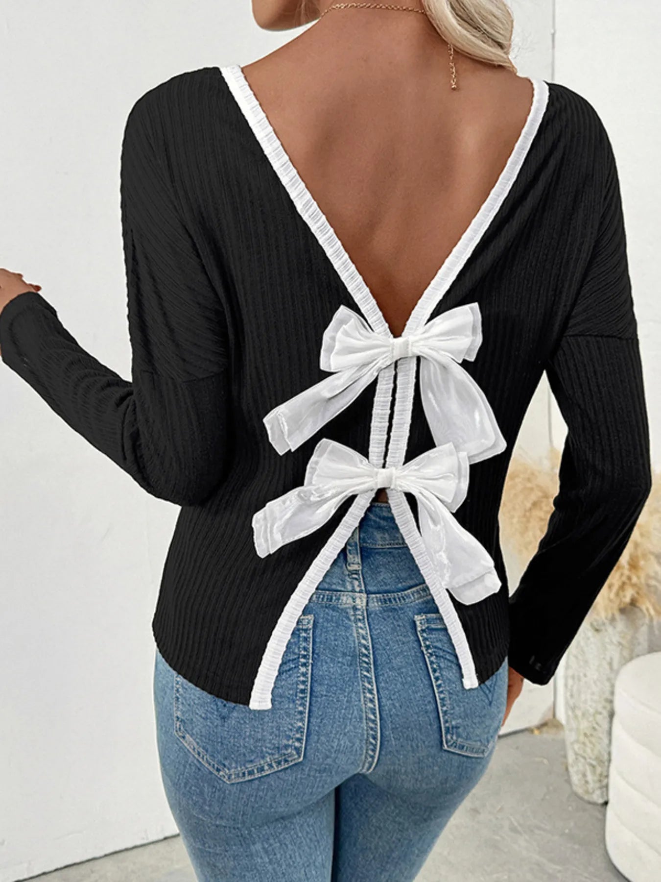 Backless Tie Back Long Sleeve Top with Bow - Slightly Stretchy Ribbed Design, 95% Polyester