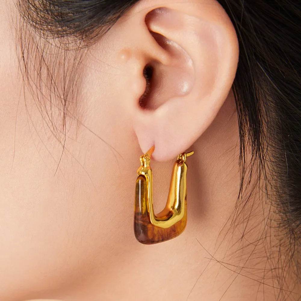 18K Gold-Plated Resin Copper U-Shaped Earrings - Elegant Lightweight Fashion Jewelry