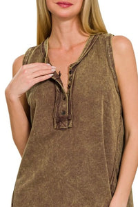Zenana Washed Half-Button Raw Edge Sleeveless Henley Top