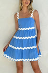 Contrast Trim Square Neck Tiered Dress Blue